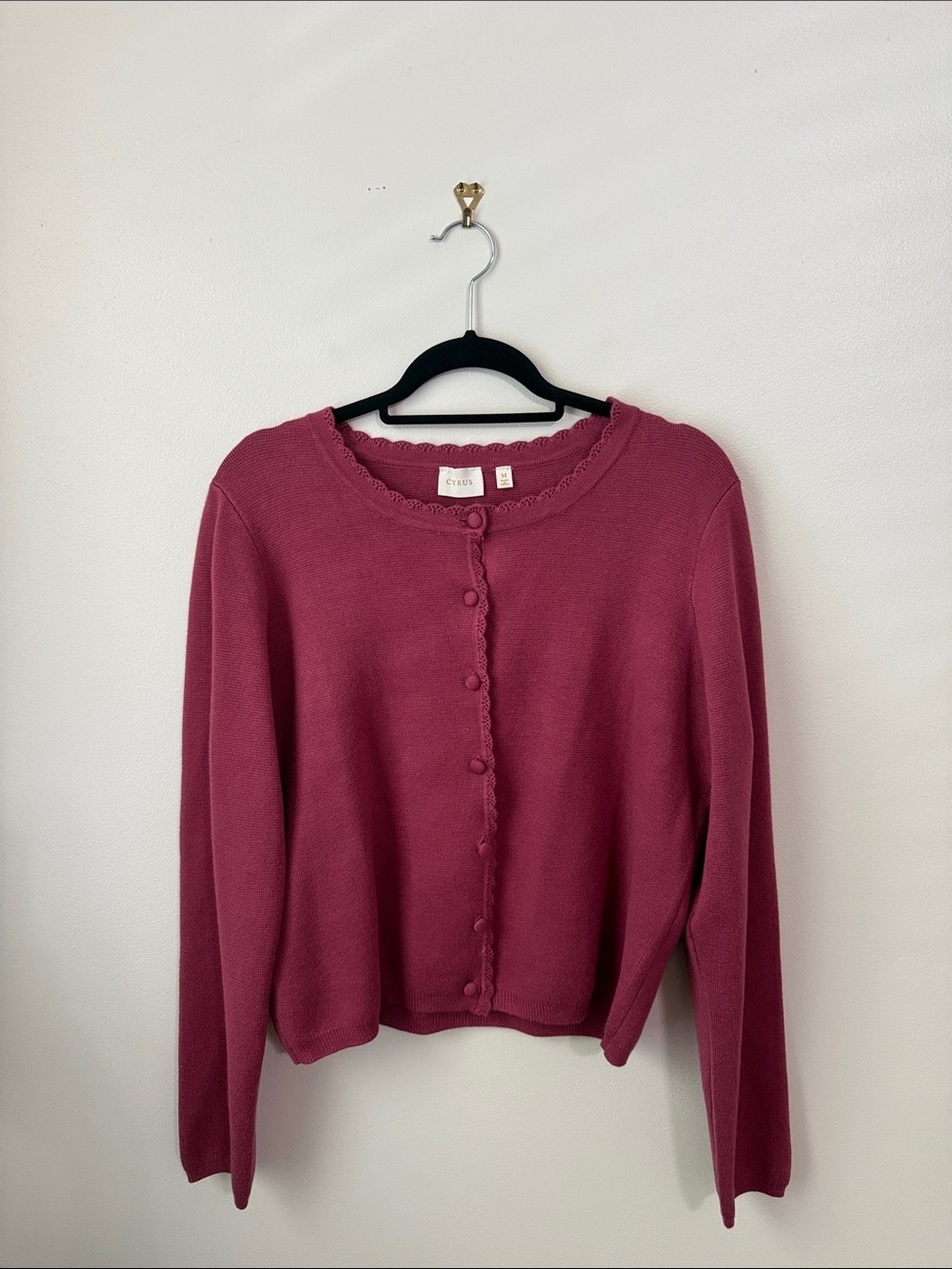 Cyrus Raspberry Scalloped-Edge Button Cardigan